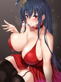 accessoire de cheveux,ahoge,assis,azur lane,bas,bas de lingerie,cheveux bleu,choker,cleavage,fille anime,frange,gros seins,jambes croisées,jarretelles,mèche entre les yeux,non-nude,robe,rougeur,seins énormes,taihou (azur lane),yeux rouge