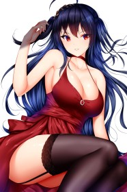 accessoire de cheveux,ahoge,assis,azur lane,bas,bas de lingerie,cheveux bleu,choker,cleavage,cuisses,fille anime,frange,gros seins,jarretelles,mèche entre les yeux,non-nude,robe,sourire,taihou (azur lane),très long cheveux,yeux rouge