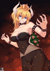 bowsette,cheveux blond,cleavage,collier,collier à piques,cornes,couronne,debout,dents serrées,fille anime,gros seins,mario (series),nintendo,non-nude,ongles longs,pose griffure,princesse,queue de cheval,robe,sourire,vernis mains,yeux bleu