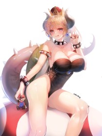 bowsette,cheveux blond,cleavage,collier,collier à piques,cornes,couronne,cuisses,debout,fille anime,gros seins,leotard,mario (series),monstre,nintendo,non-nude,ongles longs,pose griffure,princesse,queue,tire la langue,vernis mains,yeux bleu