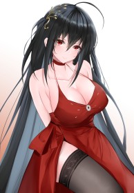 accessoire de cheveux,ahoge,azur lane,bas,bas de lingerie,cheveux brun,choker,cleavage,fille anime,frange,gros seins,mèche entre les yeux,non-nude,robe,sourire,taihou (azur lane),yeux rouge