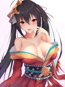 accessoire de cheveux,azur lane,cheveux brun,cleavage,couette,fille anime,frange,gros seins,habits japonais,kimono,mèche entre les yeux,non-nude,rougeur,sourire,taihou (azur lane),très long cheveux,yeux rouge