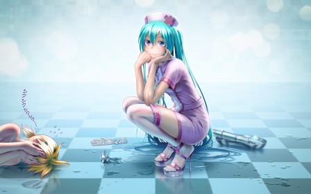 thighhighs,hat,aqua hair,twintails,toes,dominant female,anime girls,hatsune miku,submissive male,nurse,kagamine len,hair between eyes,non-nude,dress,blush,submission,smile,squatting,high heels,vocaloid