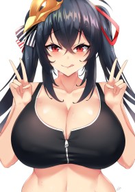 accessoire de cheveux,azur lane,cheveux brun,cleavage,couette,double v,fille anime,goutte de sueur,gros seins,lèche les lèvres,mèche entre les yeux,non-nude,rougeur,ruban à cheveux,taihou (azur lane),tire la langue,v,yeux rouge