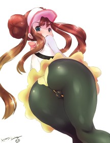 cameltoe,chapeau,cheveux chatain,chignon,collant,couette,cul,debout,double chignon,fille anime,frange,gros cul,jupe,nintendo,non-nude,pokemon,pupille coeur,pupille symbole,regarde derrière,rosa (pokemon),rougeur,sourire,yeux bleu