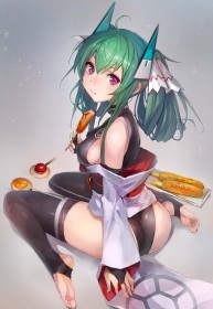 hair ornament,ahoge,sitting,thighhighs,green hair,ass,toes,anime girls,japanese clothes,kimono,leotard,menou kaname,non-nude,original,barefoot,soles,ponytail,looking back,blush,hair ribbon,medium tits,sideboob,pink eyes