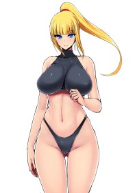 cheveux blond,col roulé,culotte,debout,fille anime,frange,gros seins,metroid,nintendo,non-nude,queue de cheval,samus aran,thigh gap,yeux bleu