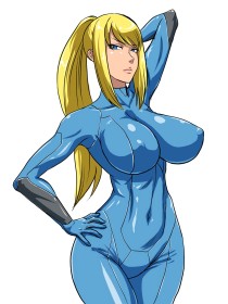 cheveux blond,combinaison,courbée,debout,fille anime,gros seins,hanches larges,main sur la hanche,metroid,nintendo,non-nude,pokie,queue de cheval,samus aran,yeux bleu