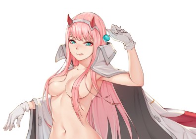 cheveux rose,cornes,darling in the franxx,fille anime,frange,gants,nue,seins moyens,tire la langue,yeux turquoise,zero two