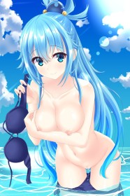 accessoire de cheveux,aqua (konosuba),cheveux bleu,dehors,fille anime,fluide vaginal,frange,gros seins,konosuba,mèche entre les yeux,sourire,tétons,très long cheveux,vagin,vagin rasé,yeux bleu