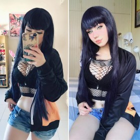 caucasien,cheveux bleu,cleavage,cosplay,femme,frange,hyuuga hinata,maria fernanda (fegalvao),multiples vues,naruto (series),résille,selfshot,short,short en jean