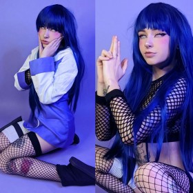 bas,bas de lingerie,bas en résille,caucasien,cheveux bleu,cosplay,femme,frange,hyuuga hinata,multiples vues,naruto (series),piercing,piercing nez,résille,rusty fawkes,tatouage