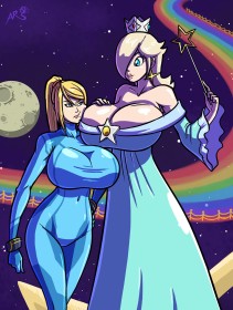 2 filles,cheveux blond,cleavage,colère,combinaison,courbée,couronne,crossover,différence de taille,fille anime,gros seins,groupe de filles,hanches larges,jalousie,mario (series),metroid,nintendo,non-nude,princesse,princesse rosalina,queue de cheval,samus aran,seins énormes,yeux bleu