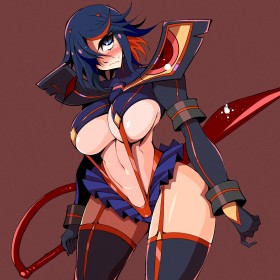 arme,bas,cheveux bleu,cheveux court,cheveux multicolores,courbée,embarrassé,épée,fille anime,gants,goutte de sueur,gros seins,hanches larges,jupe,kill la kill,matoi ryuuko,mini jupe,non-nude,rougeur,underboob,yeux bleu