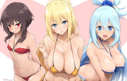 3 filles,aqua (konosuba),bikini,cheveux bleu,cheveux blond,cheveux brun,cleavage,darkness (konosuba),fille anime,gros seins,groupe de filles,konosuba,mèche entre les yeux,megumin,non-nude,petits seins,rougeur,seins énormes,très long cheveux,yeux bleu,yeux rouge