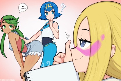 3 filles,bandeau,cheveux bleu,cheveux blond,cheveux court,cheveux vert,couette,fille anime,groupe de filles,lana (pokemon),mallow (pokemon),matsurika,nintendo,pokemon,sourire,yeux bleu,yeux vert,yuri