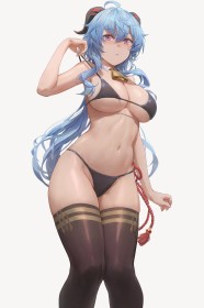 ahoge,bas,bas de lingerie,bikini,cheveux bleu,cleavage,cornes,cuisses,debout,fille anime,frange,ganyu (genshin impact),genshin impact,gros seins,rougeur,très long cheveux,underboob,yeux violet