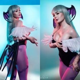 ailes,ailes sur la tête,capcom,caucasien,cheveux turquoise,cleavage,collant,cosplay,darkstalkers,femme,fille demon,frange,jenna lynn meowri,leotard,morrigan aensland,multiples vues,peau brillante,seins moyens,succube